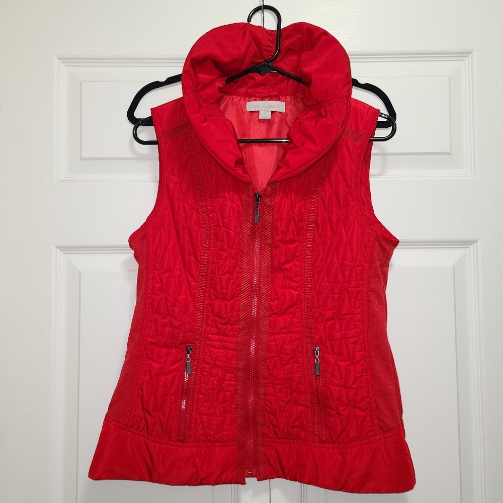 Laura Ashley Red Quilted Puffer Vest‎ S Women's Sleeveless Full Zip pockets